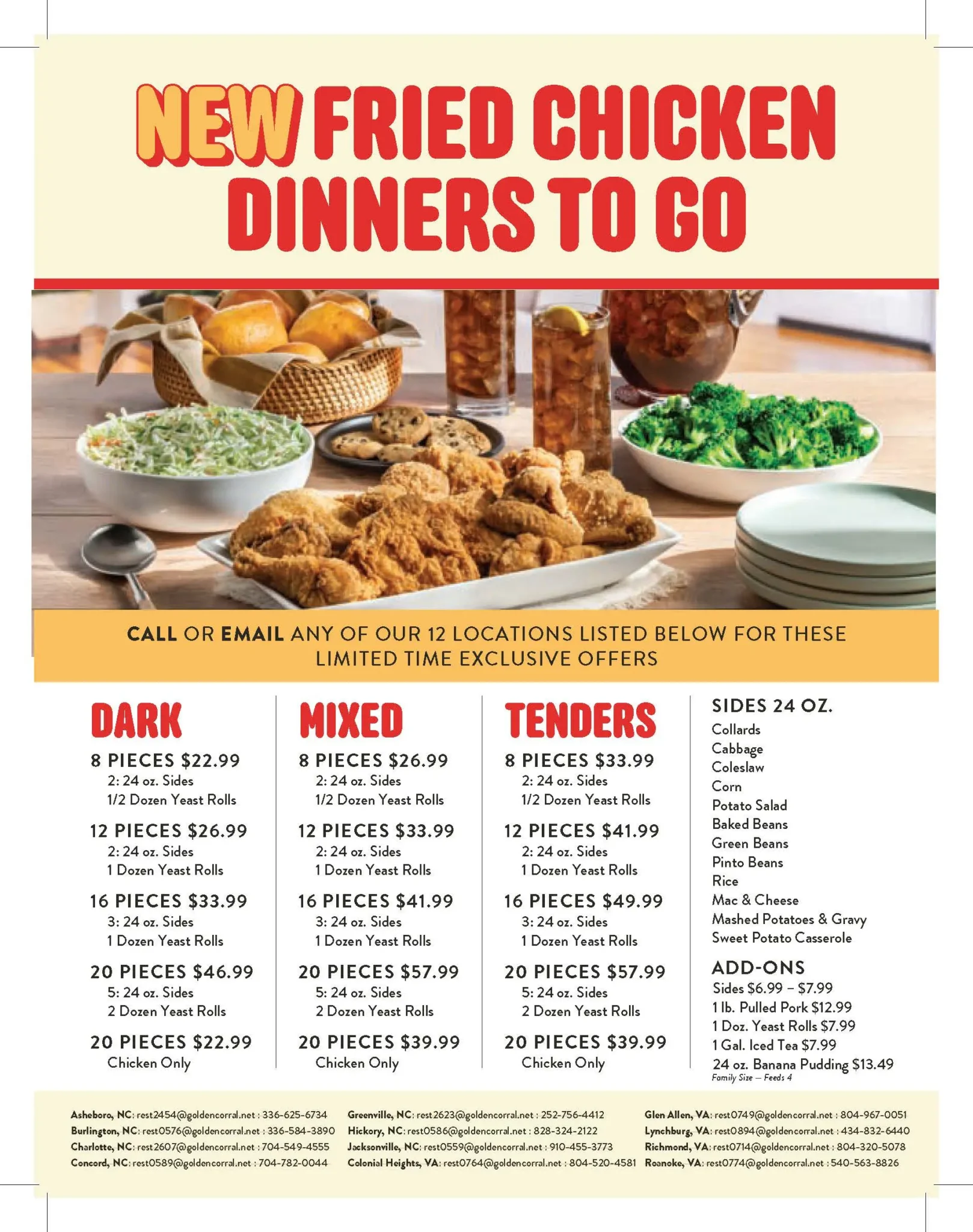 ToGo NEW FRIED CHICKEN DINNERS TO GO Platinum Corral fried chicken dinners to go special with dark meat, mixed chicken and tenders, available with sides and yeast rolls.